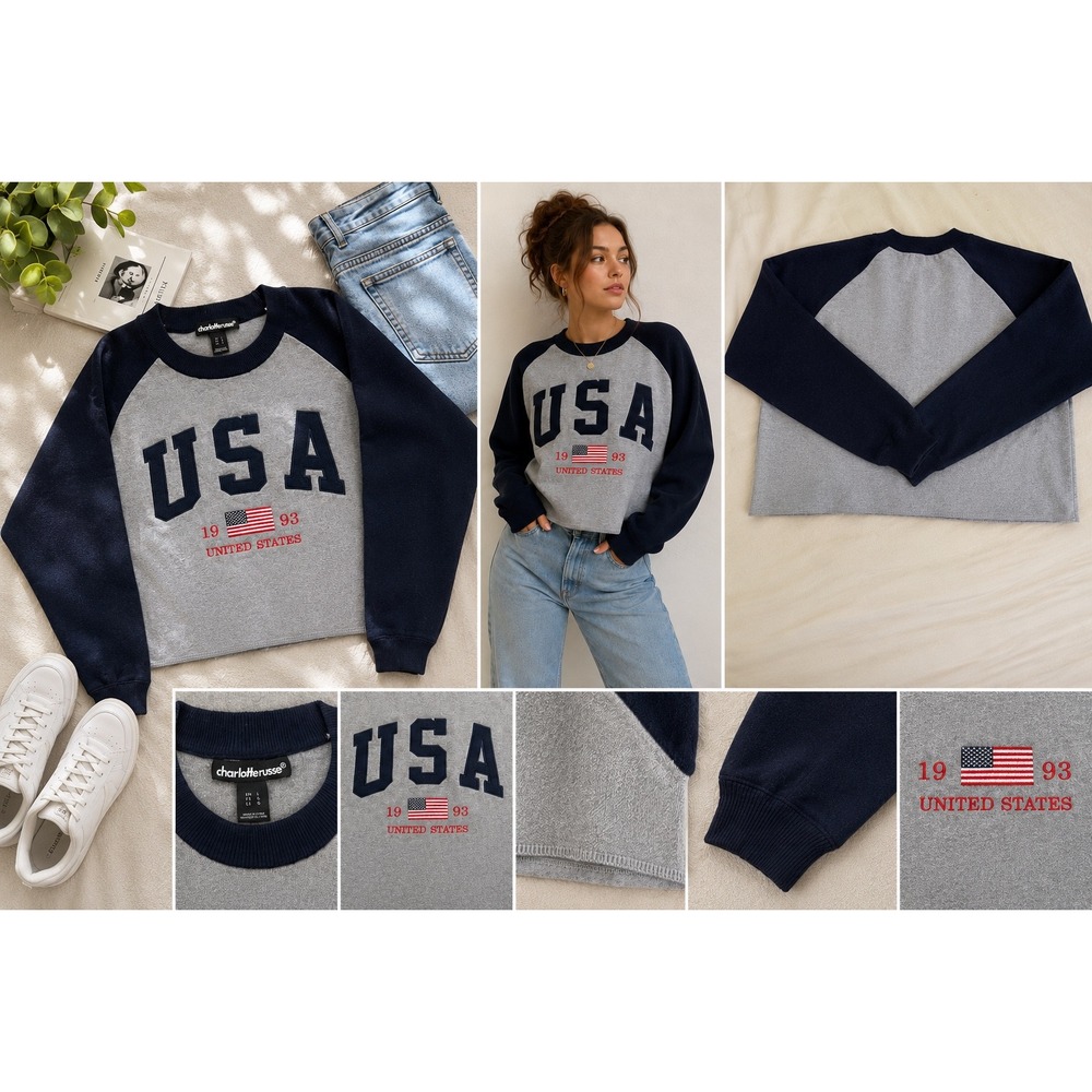 USA Heavyweight Sweater Large Gray Navy Raglan Americana Boxy Y2K